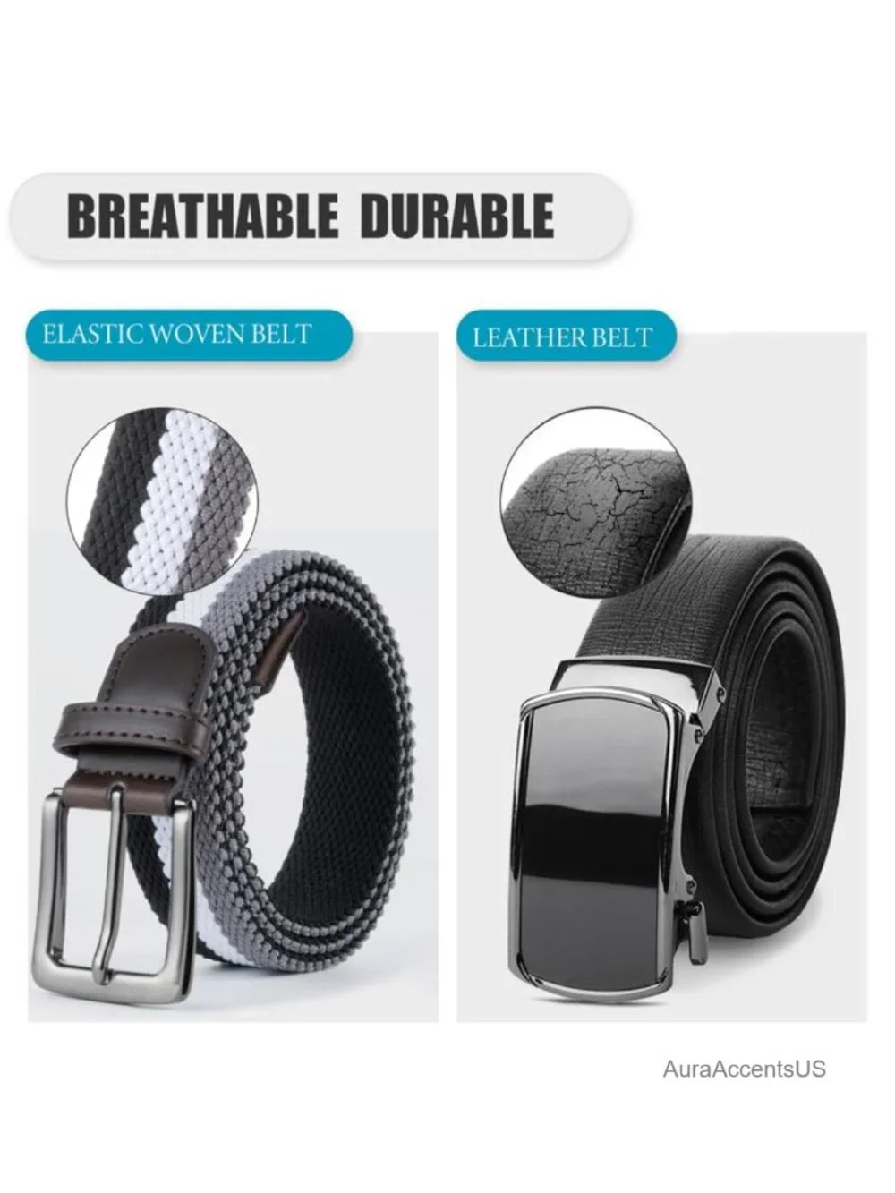 Unisex Micro-Adjustable Stretch Golf Belt, Elastic Woven Braided with Leather